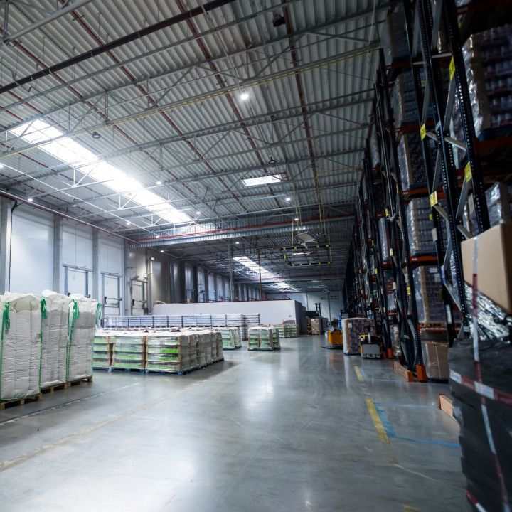 Inside of a large distribution and storage warehouse